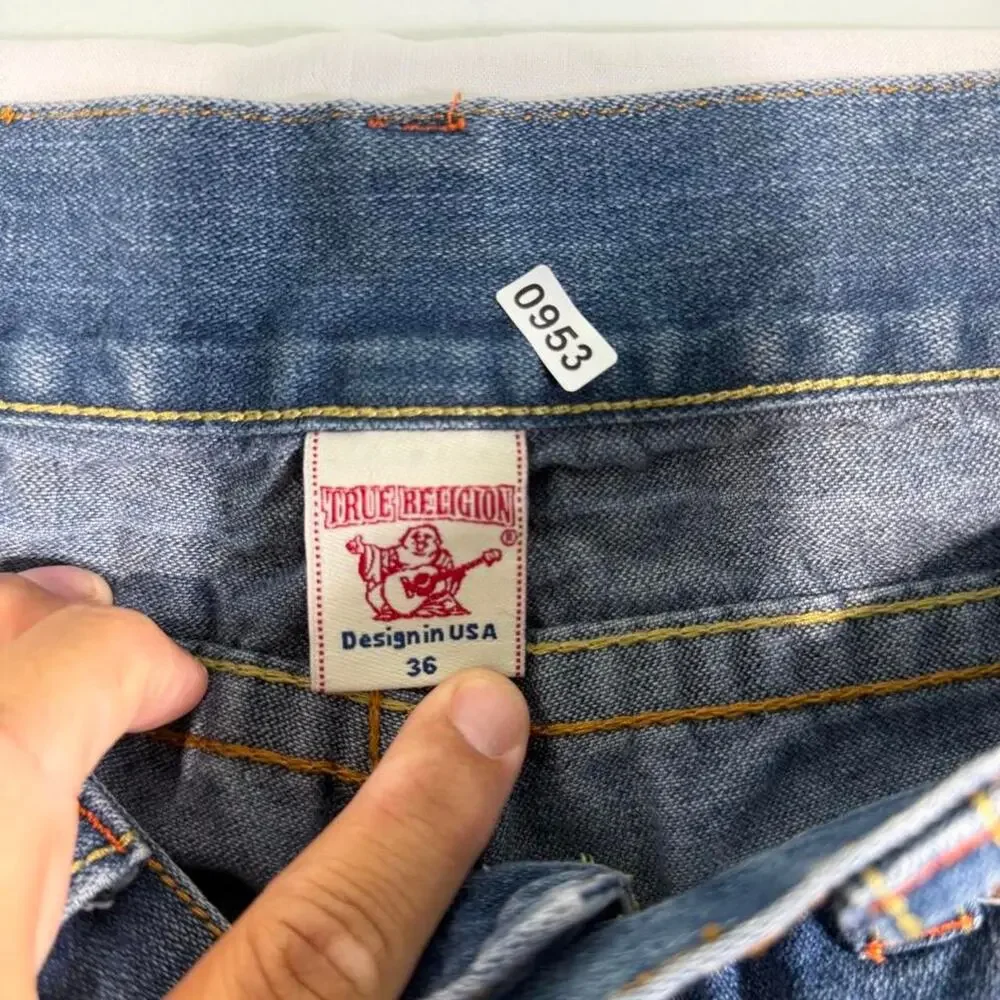 True Religion Joey Super T Jeans Womens 36/31 Rainbow Stitch Flare Low Rise Y2K